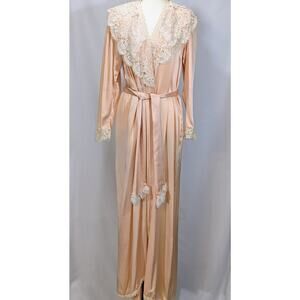 Vintage Christian Dior Champagne 100% Silk Long Lace Trim Robe Dressing Gown